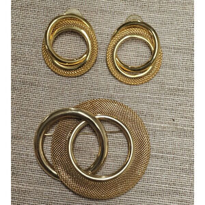 VTG 80s Gold Tone Mesh Earrings & Brooch Set Sculptural Chunky Statement Runway